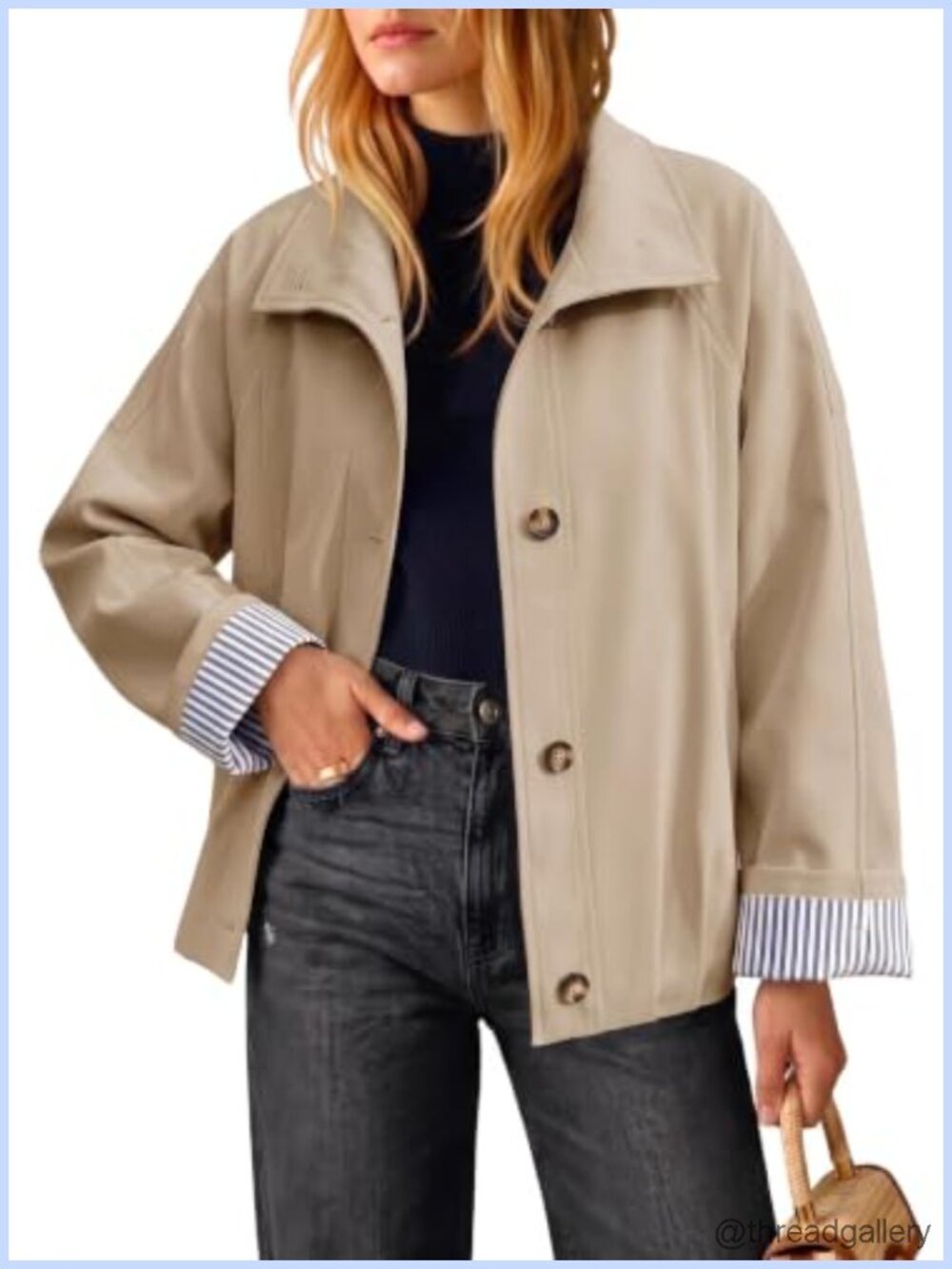 Cropped Trench Coat Polyester Oversized Relaxed Fit Casual Jacket